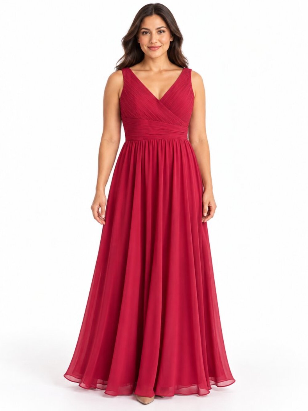 Morilee by Madeline Gardner Red Pleated V Neck Sleeveless Formal Maxi Gown